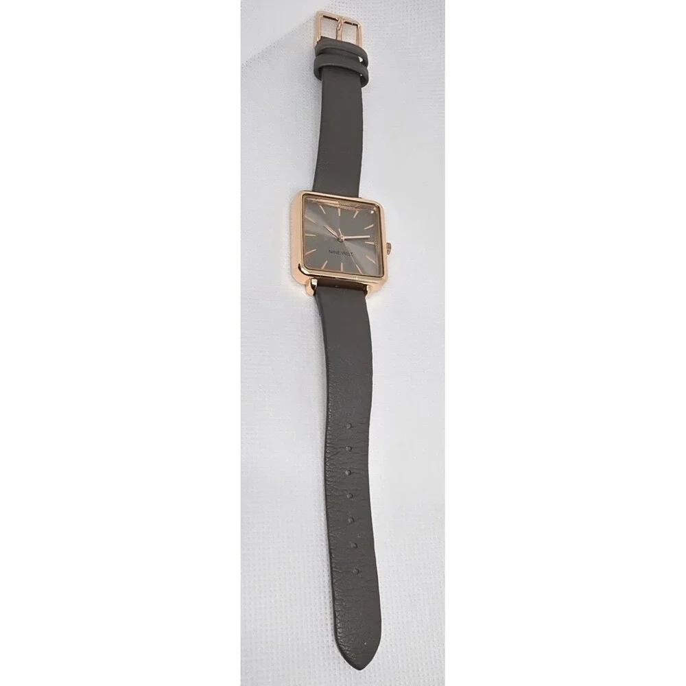 Women's Nine West Casual Square Rose Gold Tone Case Gray Leather Strap Watch 13 - Picture 6 of 9